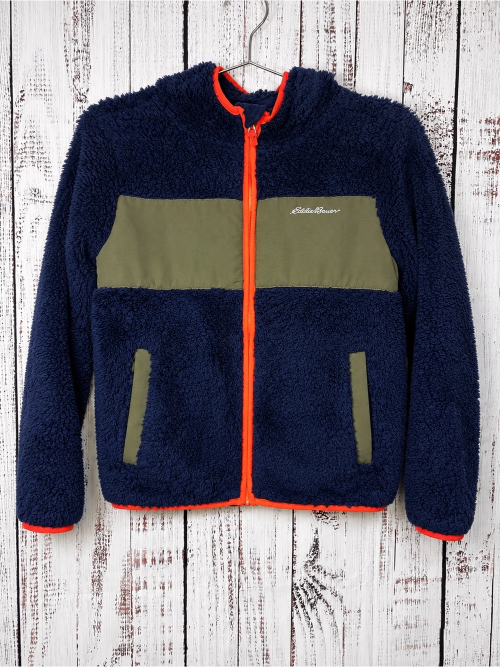 Eddie Bauer Kids Sherpa Fleece Jacket Blue Orange Full Zip Cozy Outdoor Size 7/8